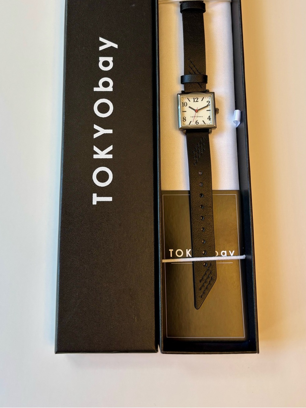 TOKYObay Black Leather Strap Watch with Square Cream Dial and Silver Case